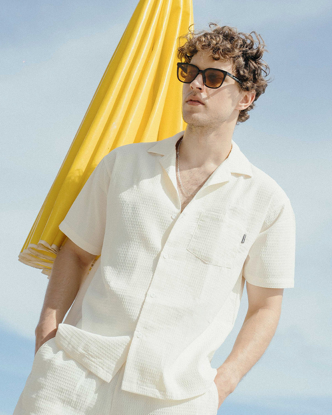 SEA CLAY OPEN COLLAR WAFFLE SHIRT